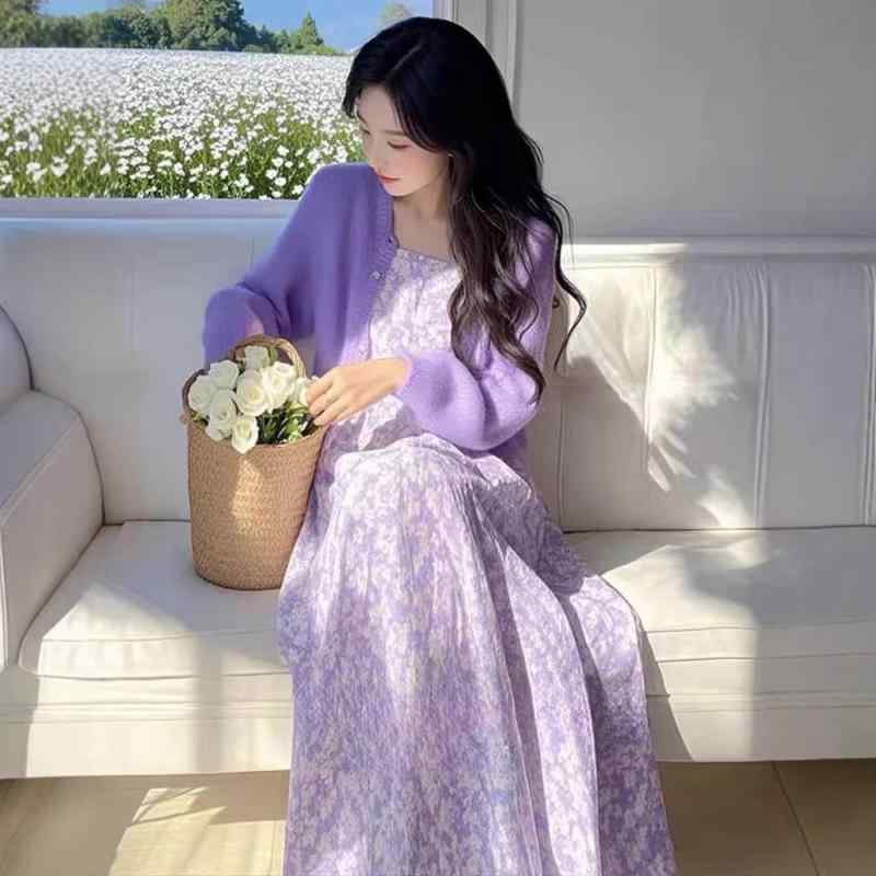 ワンピース セット レディース かわいい 紫色 花柄 吊り帯 中長丈 長袖 切り替え デザイン 気質 通勤風 普段使い ?綸 ポリエステル 素材 軽量 伸縮性 吸湿速乾 機能 春夏 秋 シーズン 対応 カジュアル スタイル トップス スカート 組み合わせ|ラシャンスショップ