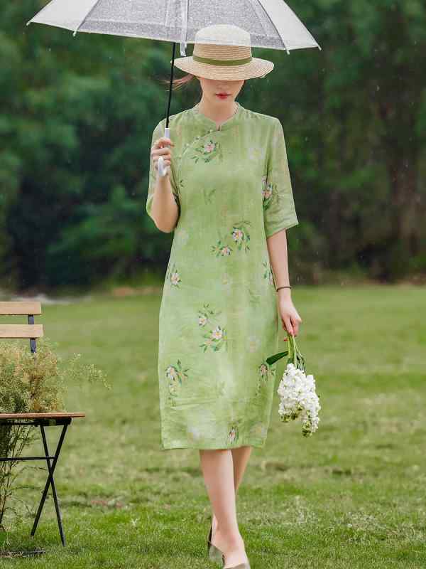 ワンピース レディース チャイナドレス 麻 リネン 植物 花柄 ミディアム丈 ハーフスリーブ 緑 グリーン 春夏 エレガント レトロ|ラシャンスショップ