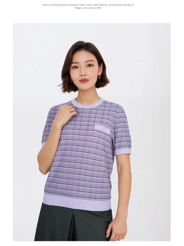 Tシャツ レディース 半袖 韓国風 デザイン ニット トップス チェック柄 切り替え ラウンドネック 接触冷感 清涼感 パープル系 グリーン系 ブルー系｜ラシャンスショップ