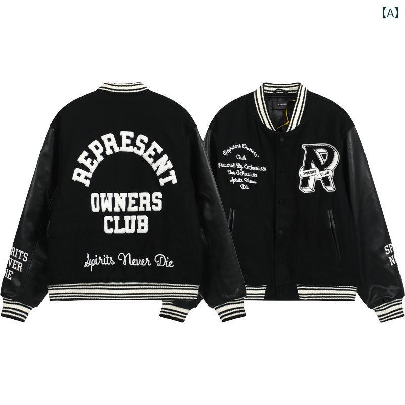 ジャケット メンズ 野球 刺しゅう フェイクレザー スリーブ 切り替え アウター ブルゾン ジャンパー 上着 前開き 羽織り ストリート カジュアル ゆったり オーバーサイズ フードなし 配色 軽量 防風 秋冬｜ラシャンスショップ