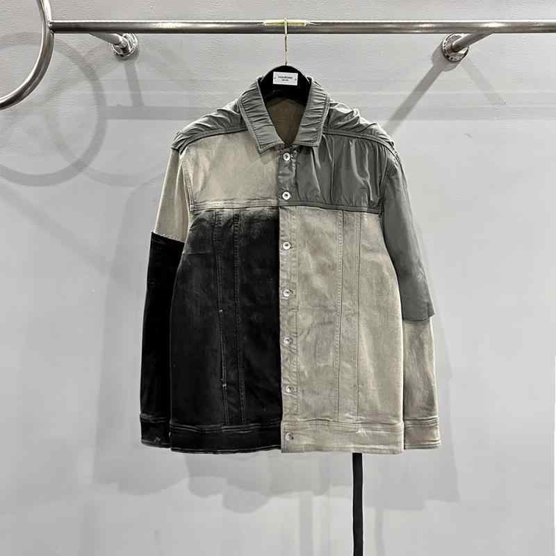 ジャケット メンズ アウター ブルゾン コート デニムシャツ ワークシャツ トップス 春秋 長袖 切り替え 配色 ウォッシュ加工 ルーズ ゆったり ビッグシルエット カジュアル ストリート パンク ロック ヴィンテージ風 ブラック グレー｜ラシャンスショップ