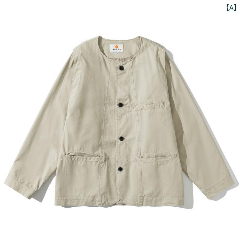ジャケット メンズ レディース ワークジャケット アウター ノーカラー 切り替え 多ポケット ゆるダボ 異素材 切り替え ヴィンテージ風 カジュアル レトロ ストリート アメカジ ミリタリー ブルゾン 羽織り｜ラシャンスショップ