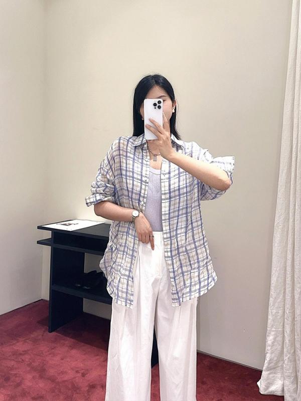 シャツ レディース トップス ?麻 ラミー リネン 格子 チェック 長袖 襟付き ボタン チュニック ゆったり 体型カバー ボヘミアン カジュアル 普段使い オフィス 通勤 通学 春物 秋物 ナチュラル 涼しい 薄手|ラシャンスショップ