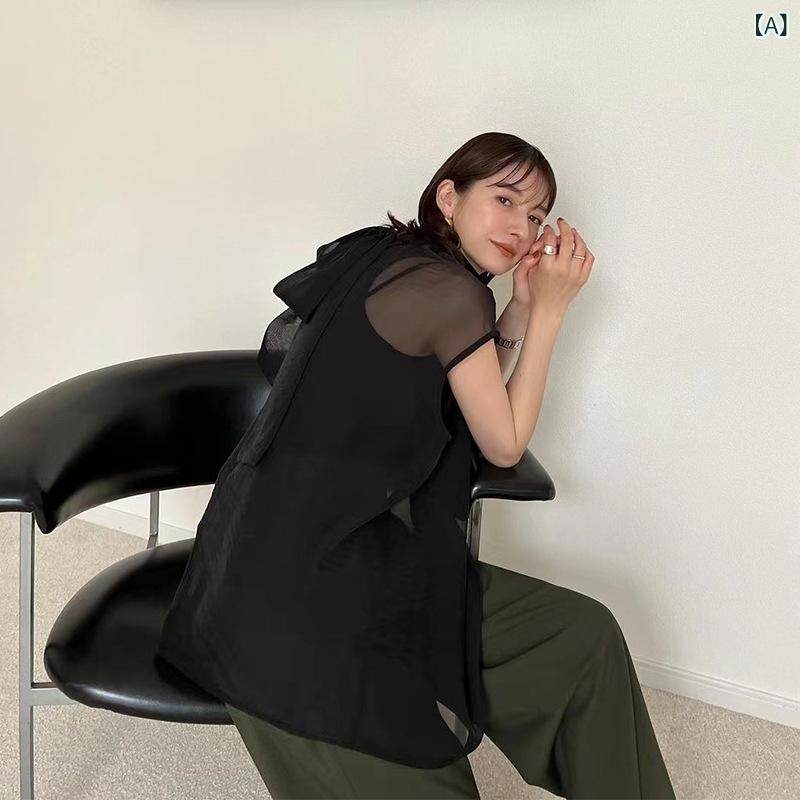 シャツ レディース トップス ハイネック カットソー T恤 ノースリーブ リボン ボウタイ 透け感 シースルー インナー シフォン 無地 カジュアル フォーマル オフィス 通勤 普段使い 通学 春夏 サマー 大人 かわいい|ラシャンスショップ