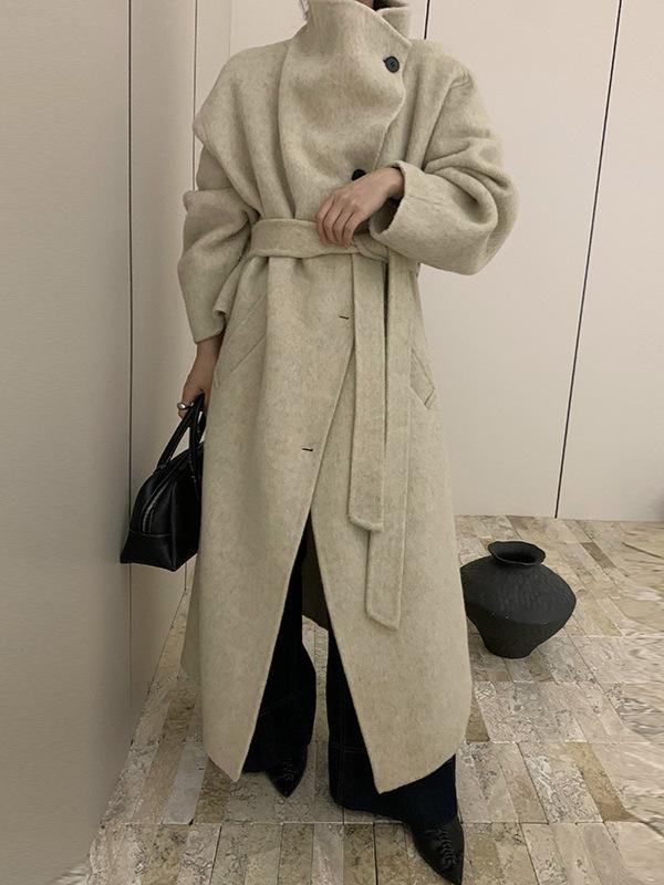 コート レディース ウールコート ロング丈 ダブルフェイス 羊毛混 オーバーサイズ 襟元ギャザー 秋冬 アウター 韓国ファッション|ラシャンスショップ
