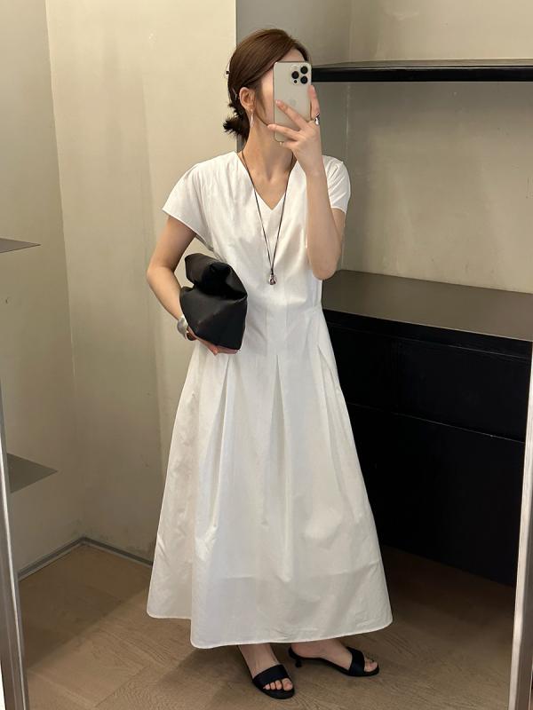 ワンピース レディース 韓国系 高級感 Vネック ウエスト絞り 細見え Aライン きれいめ ロング丈 春夏 普段使い お出かけ用 デート用 清楚 エレガント 大人っぽい シック シンプル デザイン 大人かわいい｜ラシャンスショップ