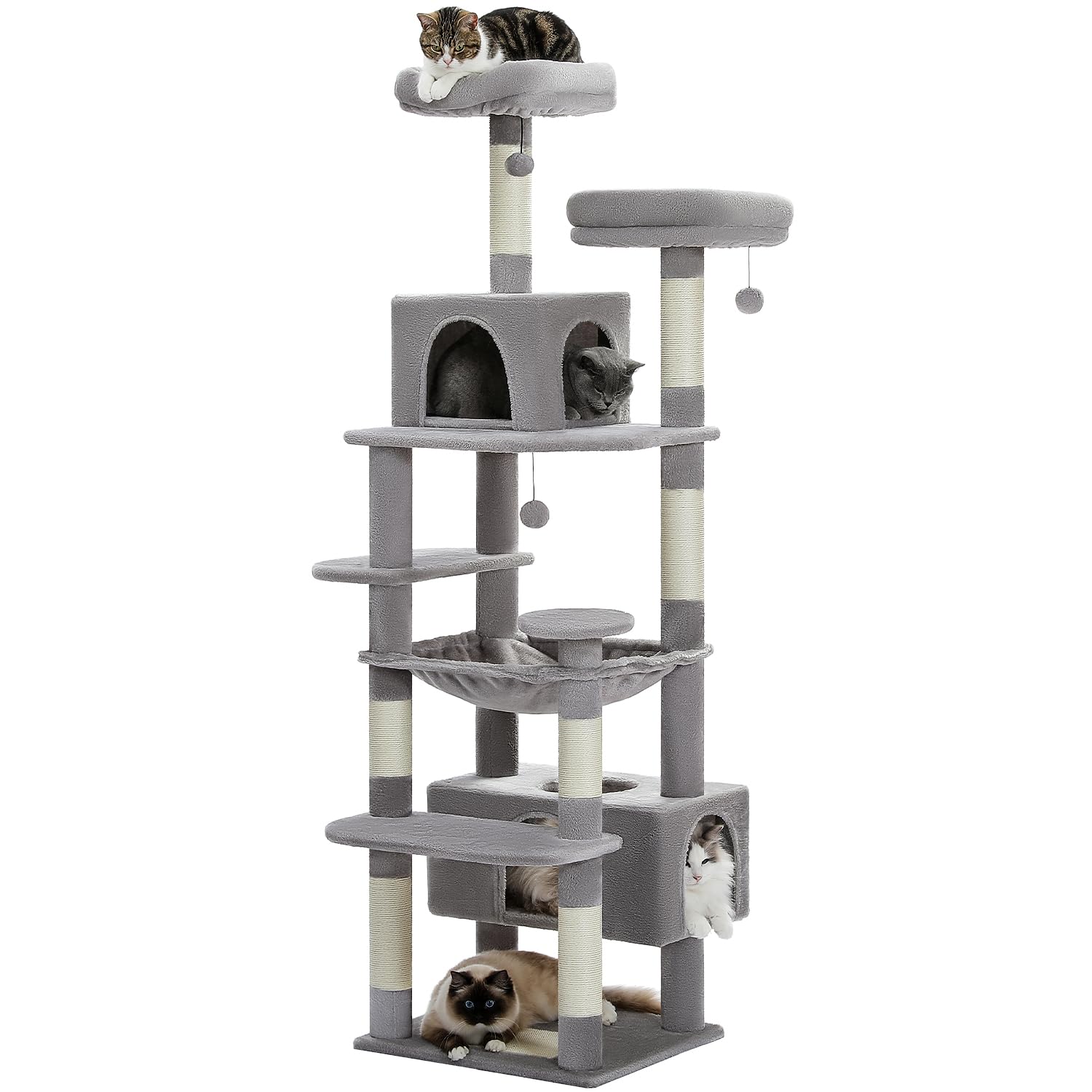 キャットタワー 大型猫用 コンパクト 多頭飼い 据え置き型 スリム ハンモック 麻紐爪とぎポール 猫のおもちゃ 転倒防止ベルト付き 送料 無料|La chic ラ・シック