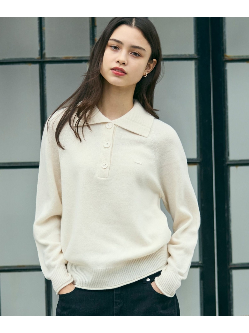 3Dニッティングハーフボタンハイネック ウールニットポロセーター LACOSTE ラコステ トップス 編み物 薄墨色 白いこと【貨物輸送無料】[ Fashion] レディースファッション-セーター