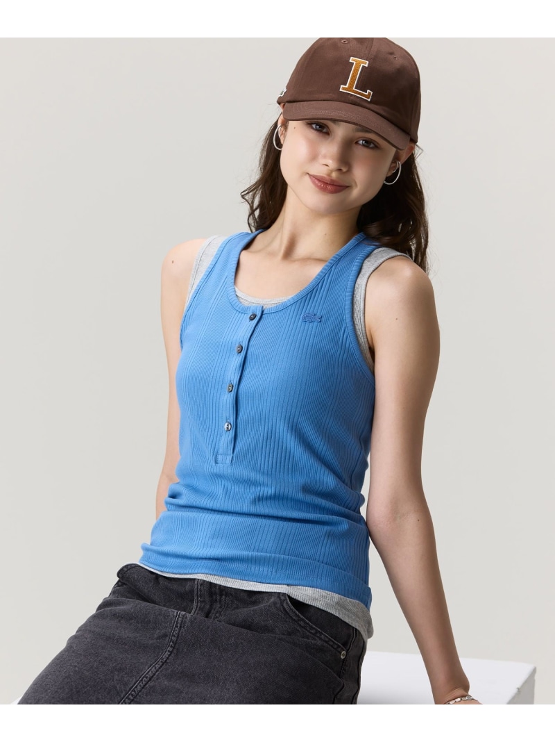 向こう正面名取り草 ランダムピッチリブニットタンクトップ LACOSTE ラコステ トップス ノースリーブ・貯蔵タンクいの一番 オレンジ色【貨物輸送無料】[ Fashion]