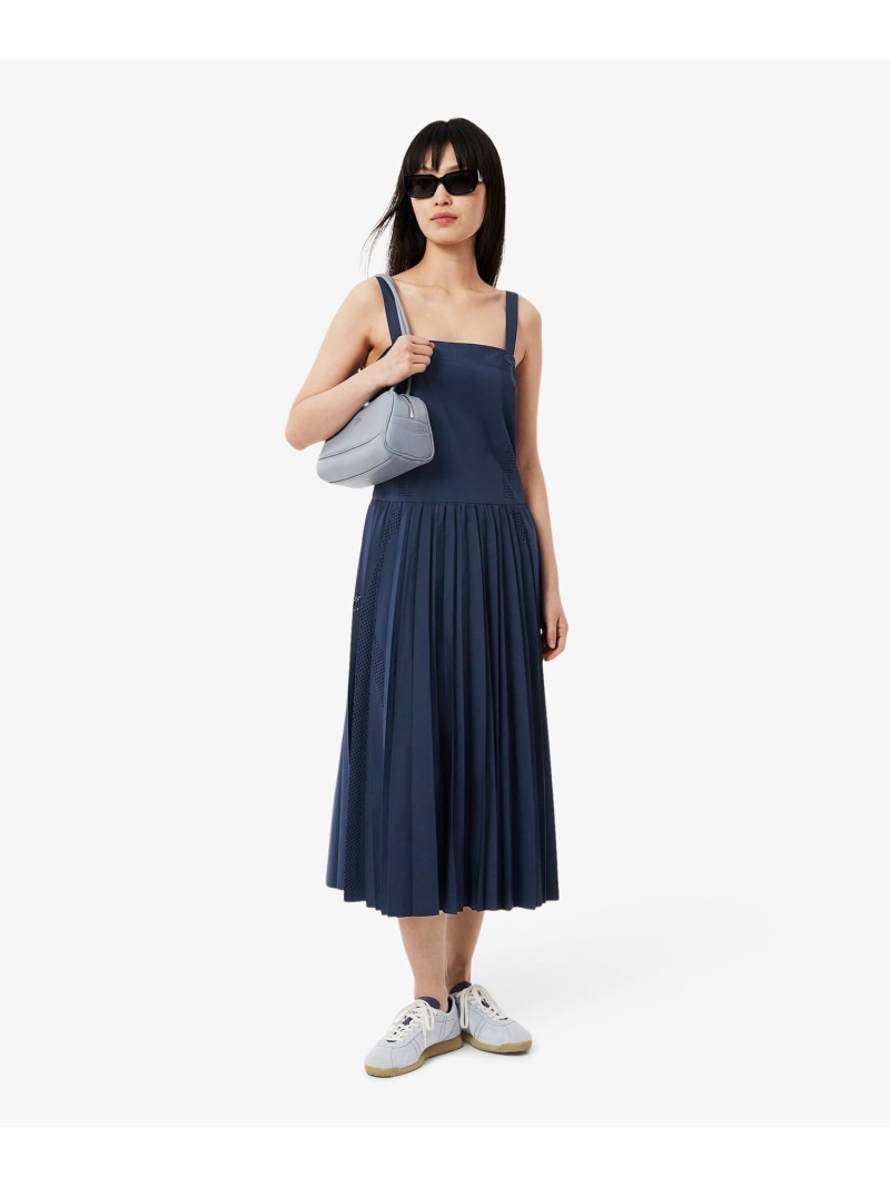 【人気完売品】LACOSTEラコステ　ロゴ　ボーダーワンピースドレス　プリーツ バイカラーボーダーTシャツドレス ／ フレアワンピース