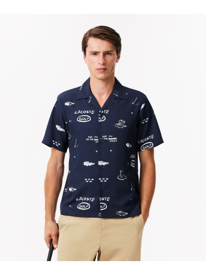 LACOSTE ラコステ 長袖 オープン シャツ アロハ ワニ 総柄 ネイビー LACOSTE ラコステ 長袖 オープン シャツ アロハ ワニ 総柄 ネイビー