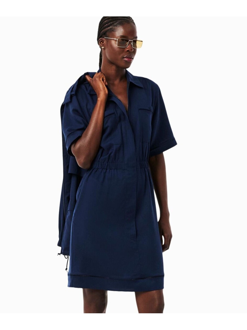 【SALE／40%OFF】リヨセル*リネンブレンド ウエストシャーリング シャツドレス / シャツワンピース LACOSTE ラコステ ワンピース・ドレス シャツワンピース ネイビー【RBA_E】【送料無料】[ Fashion]｜LACOSTE／ラコステ