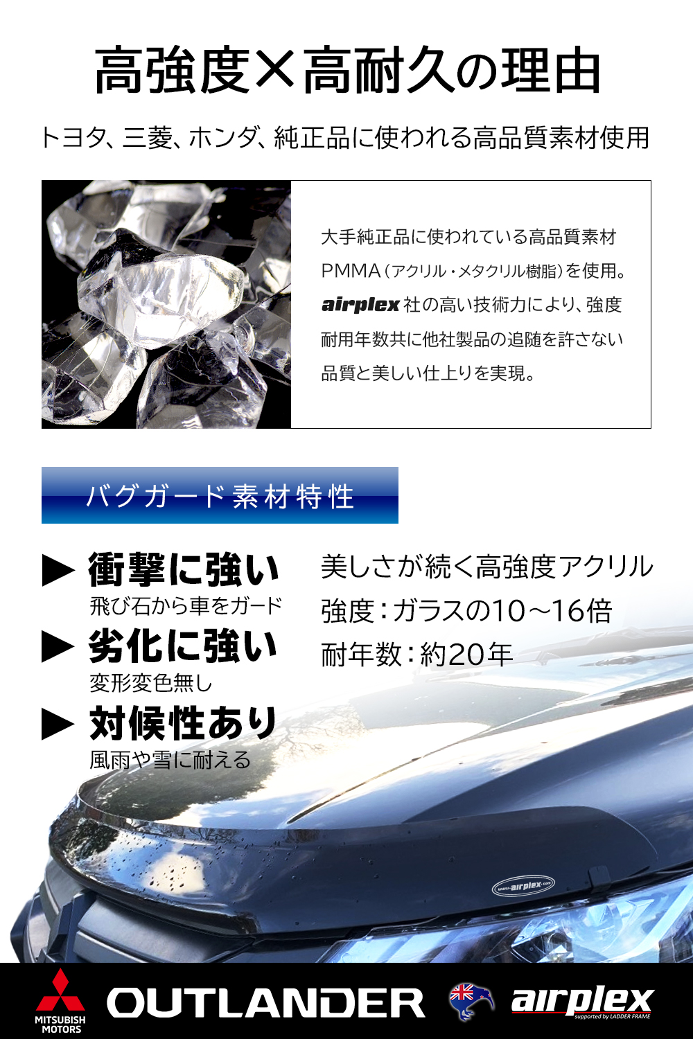 楽天市場 アウトランダー バグガード ボンネットプロテクター 虫除け スモーク Mitsubishi Outlandder 日本語取付説明書付 Airplex エアプレックス Ladder Frame