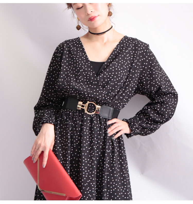 大きいサイズ レディース ワンピース ドット柄カシュクールロングワンピース ワンピ 3l フレア ロング 柄 ドット柄 ブラック ドットワンピース マキシワンピース 春服 長袖 秋新作 韓国ファッション 5l カシュクール 黒 マキシ丈 4l ウエストゴム ロングワンピース 秋服