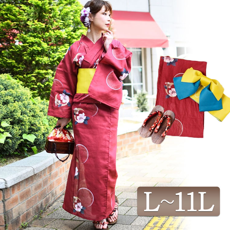 高価値 浴衣セット Xl 11l 10l 9l 8l 7l 6l 5l 4l 3l 2l Ll L お得 柄物 椿柄 3点セット 帯 下駄 浴衣 浴衣セット 和装 女性浴衣セット 女性和服 レディース 大きいサイズ 椿柄浴衣3点セット Xxl レッド 31号 29号