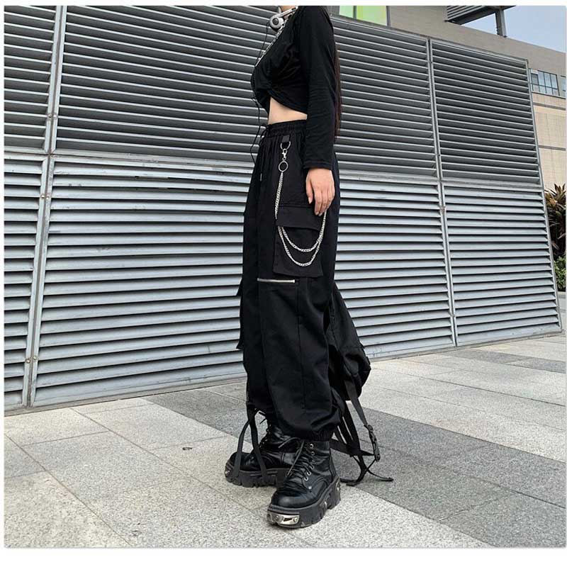 楽天市場 送料無料 ２ ３日後到着 カーゴパンツ レディース ダンス衣装 ヒップホップ ファッション 衣装 ダンサーパンツ ストリートファッション ジョガー パンツ 総ゴム両サイドにポケット付き ひざ部分に開閉ファスナー チーン付き 普段のおしゃれにも ｓ ｍ ｌ 黒