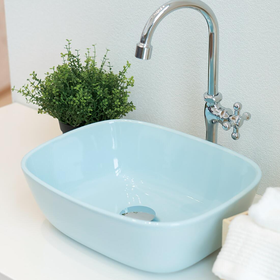 陶器 洗面ボウル 磁器 美濃焼 『ハミング レクタングル そら色 33.7×25.7cm 』 磁器洗面ボウル 洗面ボール 洗面台 置き型 埋め込み スクエア 四角 水色 青 おしゃれ 和風 洋風トイレ 洗面所 玄関