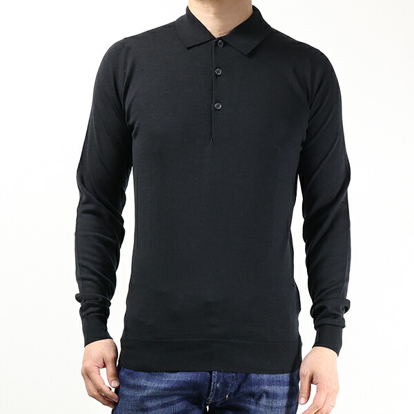 【美品】ジョンスメドレー ニットポロシャツ ウール コットン ブラック M JOHN SMEDLEY (ジョンスメドレー) ウール混 長袖 ニット