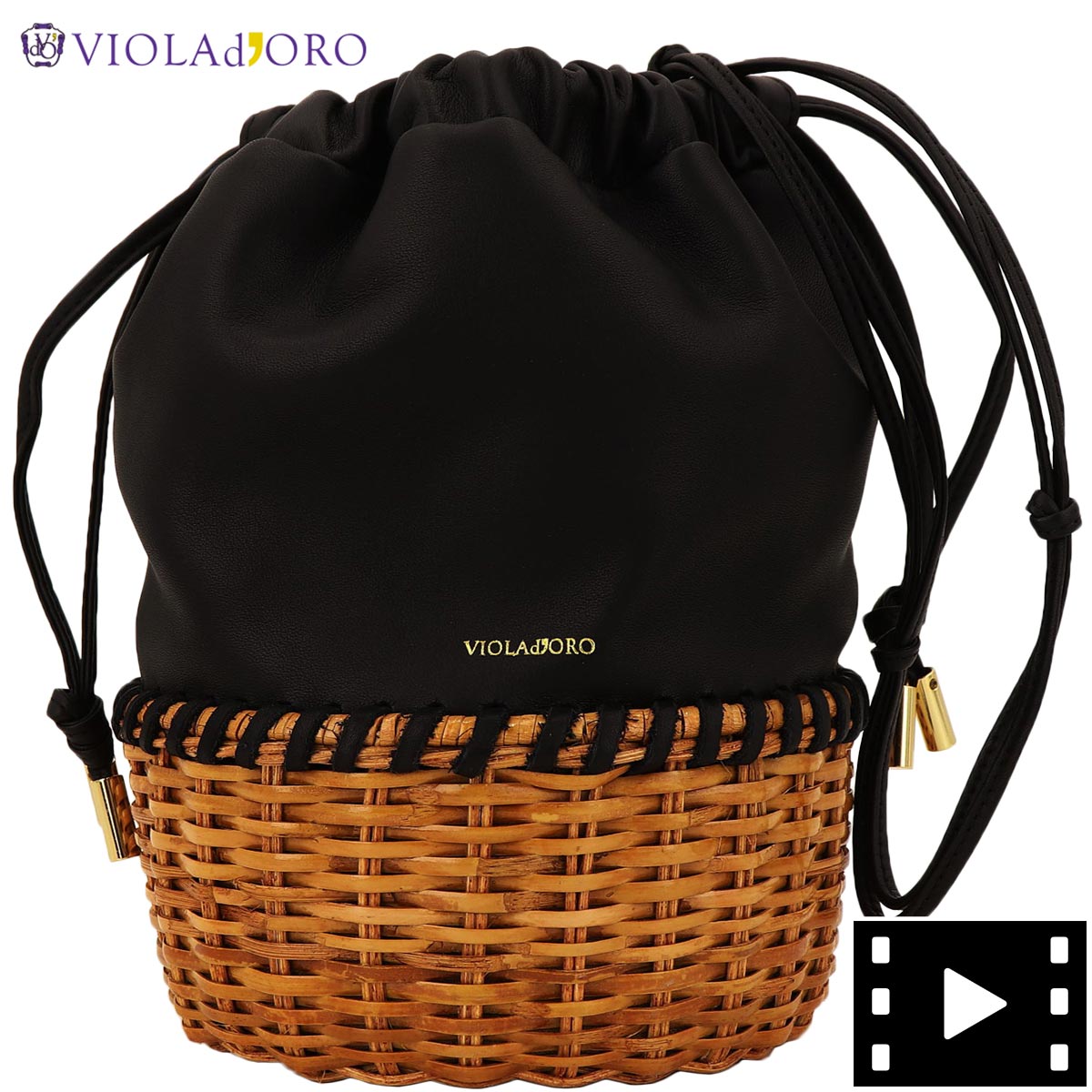 ヴィオラドーロVIOLAd'OROレディーススプリットラタン巾着ショルダーバッグMIROV-8414VLD（ブラック）