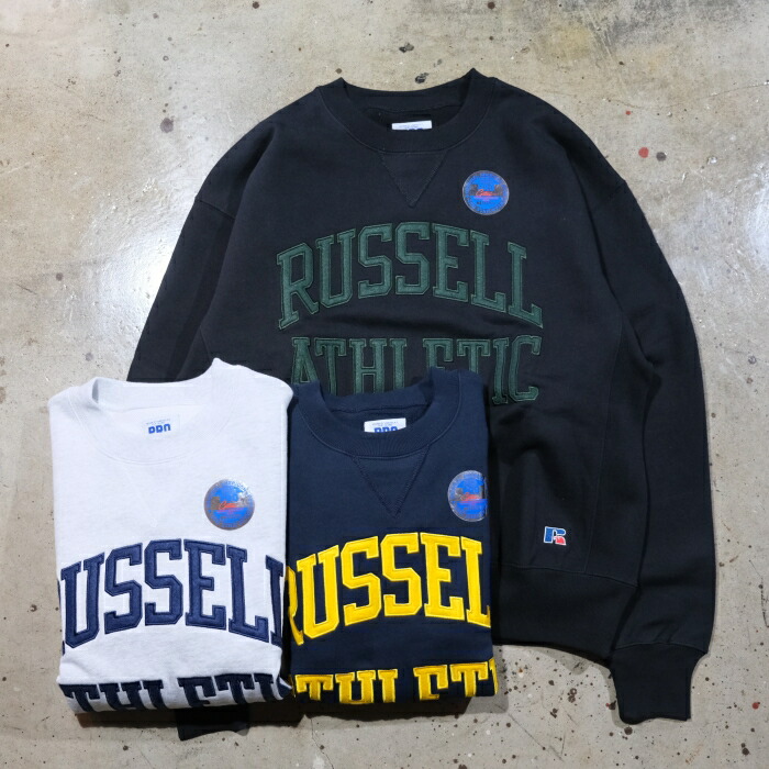 RUSSELL ATHLETIC ラッセルアスレチック【Pro Cotton TM Loop Back Terry Sweat Logo CN】プロコットンループバックスェット ロゴタイプ カレッジス 労働者の一団のど首