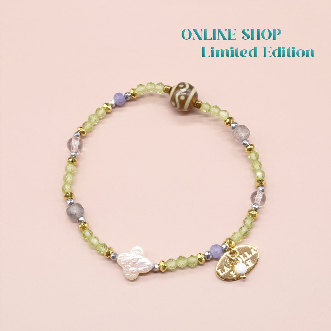 【ONLINE SHOP限定】【Green Light Sunshine】三眼天珠 ペリドット パール ブレスレット｜天然石｜一点物｜LA・JOLLA HALE
