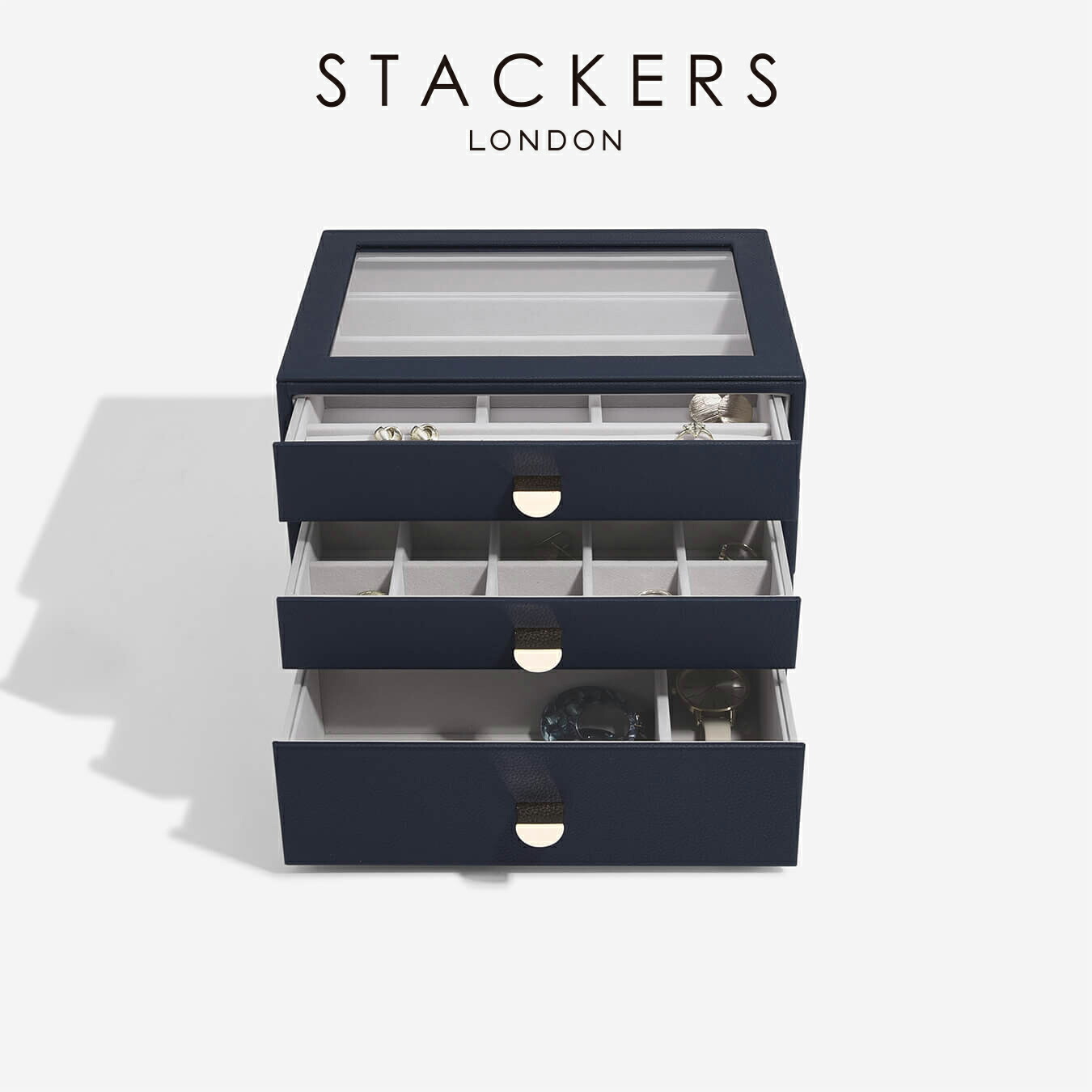 【STACKERS】クラシック　ドロワージュエリーボックス 選べる3個セット ネイビーペブル Navy 引き出し　ガラス スタッカーズ ジュエリーケース ジュエリートレイ｜ララ・ナテュール