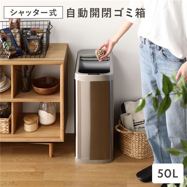 ゴミ箱 ダストボックス 約幅25cm 50L 大容量 シャッター開き コードレス 自動開閉 センサー付き プラスチック ステンレス 単三電池4本 完成品 ごみ箱 ペールボックス ダストBOX キッチン用品 台所用品 掃除用品【代引不可】