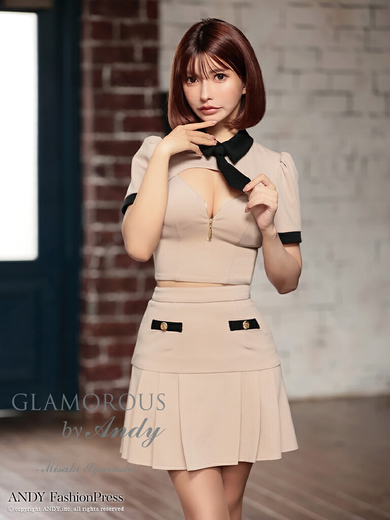 アンディグラマラス ANDY GLAMOROUS 半袖 ジップ ジップデザイン 襟 ネクタイ バストカット 2way セットアップ キャバドレス フレア フレアミニ バイカラー キャバ ドレス 送料無料 セクシー キャバ嬢 キャバクラ ラウンジ きれいめ 即日発送 gmsv844