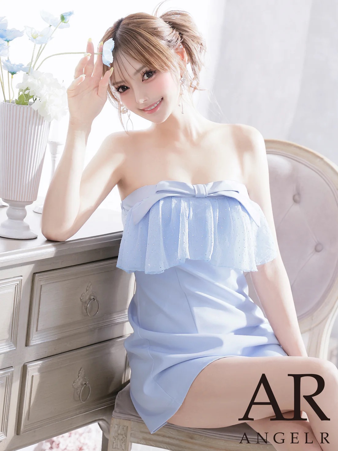 エンジェルアール AngelR キャバドレス ベアトップ キャミソール 2way リボン フリル ビジュー フレア マイクロミニドレス パールチェーン XS~Mサイズ ガーリー 送料無料 angelr フレアミニドレス キャバクラ ラウンジ キャバ嬢 同伴 結婚式 ar25835