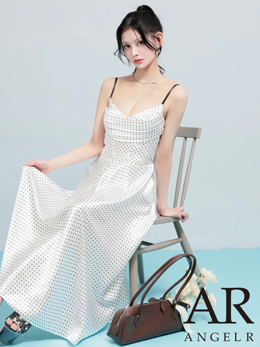 エンジェルアール AngelR キャバドレス ロング フレア ワンピース ドット柄 S~Mサイズ ロングドレス キャミソール キャバ ドレス 谷間 見せ バストシャーリング ノースリーブ キャバクラ キャバ嬢 結婚式 レディース 大人 上品 AngelR ar26205 送料無料|LaLaTulle【ララチュール】
