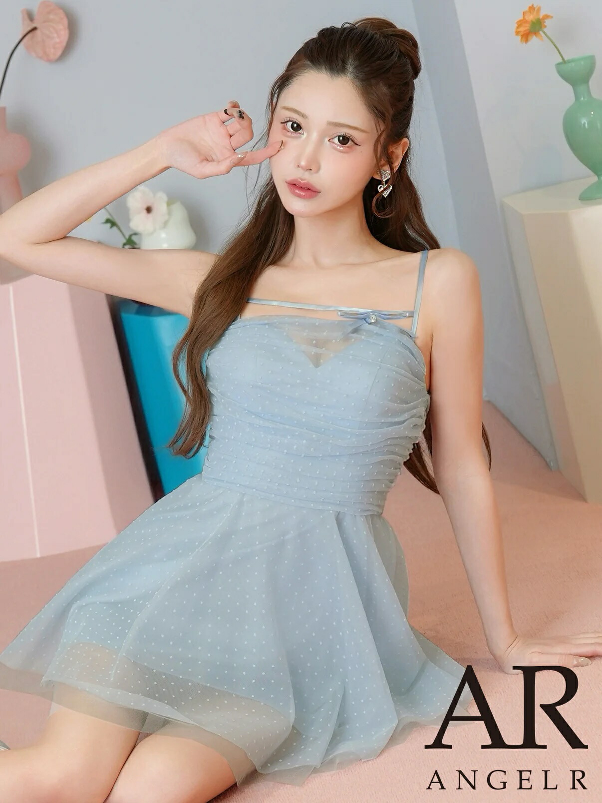 【予約5月中旬】エンジェルアール Angel-R キャバドレス ミニ フレア ワンピース XS～Mサイズ ミニドレス キャミソール キャバ ドレス リボン ドット柄 シフォン フェミニン 可愛い かわいい キャバクラ キャバ嬢 大人 レディース angelr ar26215 送料無料