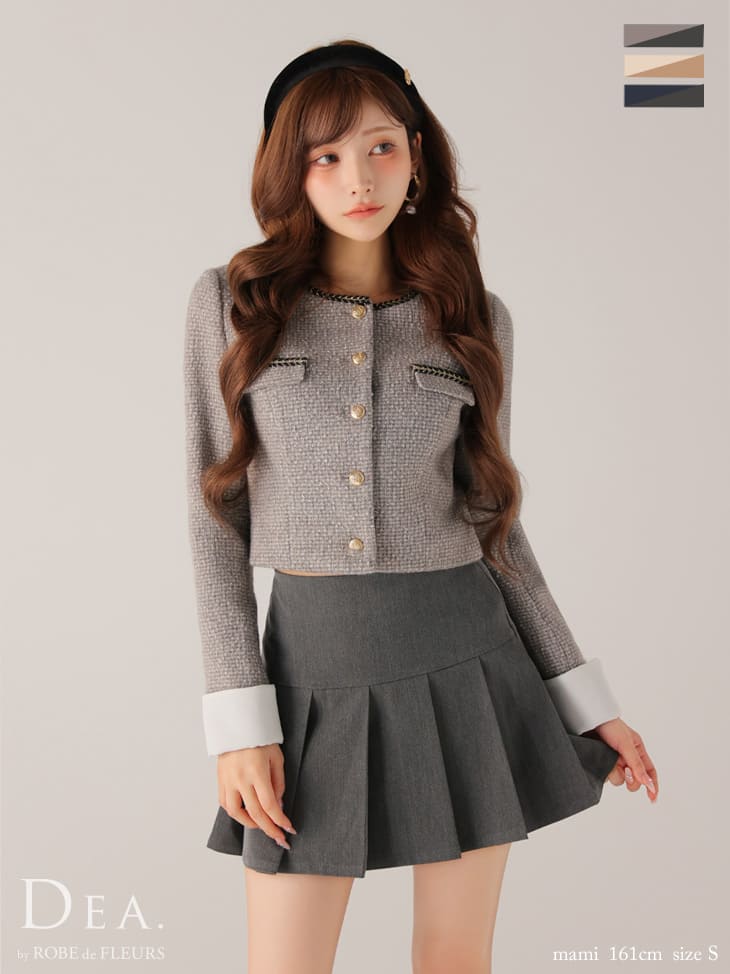 キャバドレス DEA by ROBE de FLEURS ミニ ツイード セットアップ XS～Mサイズ レディース キャバ ドレス プリーツスカート 袖あり フレアスカート 長袖 カジュアル 送料無料 キャバ嬢 キャバクラ ミニドレス 黒 上品 ディア バイ ローブドフルール de4605｜LaLaTulle【ララチュール】