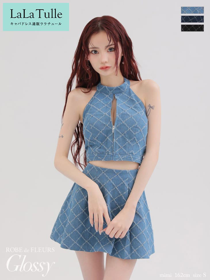 【シリコンブラ付】ROBE de FLEURS Glossy キャバドレス デニム ホルターネック フレア セットアップ フロントジップ XS～Mサイズ レディース 送料無料 セクシー キャバ ドレス ノースリーブ フロントファスナー ミニドレス 谷間 見せ ローブドフルール グロッシー 黒 gl3287
