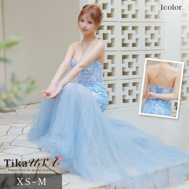 キャバドレス スパンコール リボン 結晶 マーメイド フレア ブルー 可愛い 大人 ロング ワンピース キャバ ドレス ステージ衣装 ロングドレス キャバ嬢 キャバクラ セクシー バースデー イベント キャバワンピ ラウンジ 小さいサイズ xs 即日発送|LaLaTulle【ララチュール】