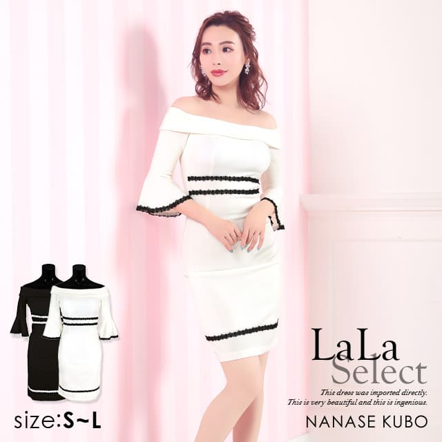 S Lサイズ 即日発送 あす楽 ララチュール オフショルダー 刺繍 レース モノトーン タイト ミニドレス キャバ ドレス 送料無料 キャバドレス ワンピース 韓国ドレス 袖付き 袖あり 膝丈 パーティー 二次会 人気 アフター 同伴 韓国ワンピース 高価値