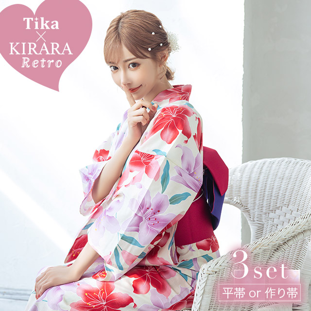 下駄 帯 レトロ セット ゆかた 和服 レトロ 浴衣 浴衣3点セット 和服 ティカ Tika 浴衣 ユリ ゆかた 帯 下駄 大人 レディース セット浴衣 反物 生地 和装 和服 レトロ 花柄 古典 古典柄 Lalatulle