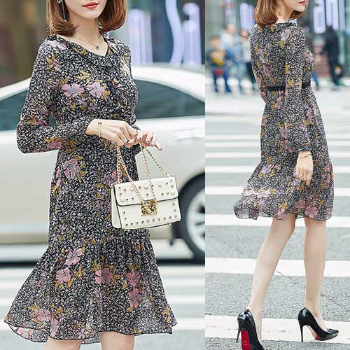 楽天市場 大きいサイズ レディース ワンピース 花柄 長袖 膝丈 膝下 切り替えワンピース マーメイド シフォン 裾フリル きれいめ 春ワンピース 冬ワンピース 秋ワンピース 上品 トールサイズ Ll 3l 4l 11号 13号 15号 17号 総柄 大きいサイズのお洋服lalawish
