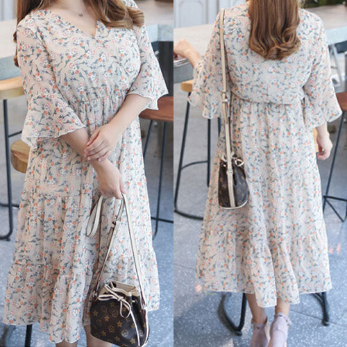 楽天市場 大きいサイズ ワンピース 花柄 総柄 シフォン カシュクール ロングワンピース マキシワンピース フレアスリーブ 七分袖フレアワンピース 大人 可愛いトールサイズ ネコポス可 メール便可 大きいサイズのお洋服lalawish