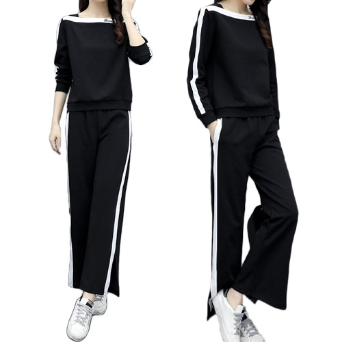 送料無料 大きいサイズ レディース スウェット セットアップ 上下セット スポーツウエア ルームウエア ジャージスエット 白ライン 長袖 秋物 春物 秋冬物 ウエストゴム 黒 Giosenglish Com