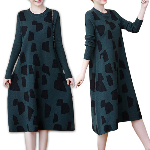 楽天市場 大きいサイズ レディース ニットワンピース ミディアムワンピース Aラインワンピース フレアワンピース 長袖 春 秋 冬 Ll 3l 4l 5l 緑 深緑 グリーン 総柄 大人可愛い トールサイズ マタニティとしても 大きいサイズのお洋服lalawish
