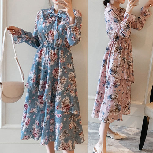 楽天市場 大きいサイズ ワンピース ロングワンピース 花柄 総柄 ボウタイ フラワープリント 長袖 大人可愛い 大きいサイズレディース 水色 パステルカラー ネコポス可 メール便可 大きいサイズのお洋服lalawish