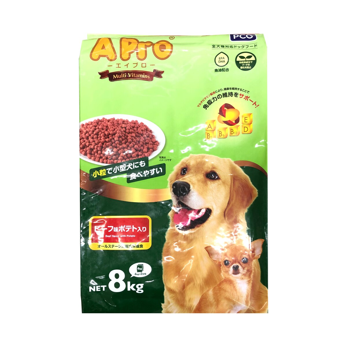 楽天市場 Apro エイプロ 全犬種対応ドッグフード ビーフ味ポテト入り 8kg マルチビタミン配合 オールステージ用総合栄養食 Pcg Arcland Online 楽天市場支店