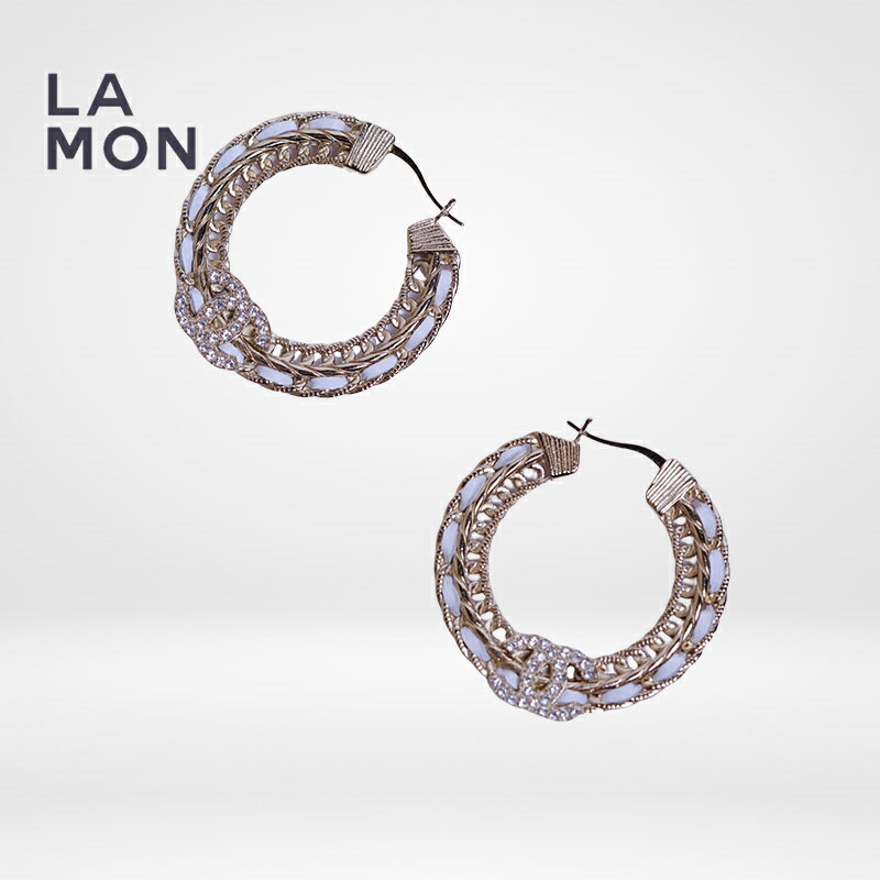 【新品】シャネル ピアス CHANEL EARRINGS AB8301 ココマーク メタル ストラス レザー フープ ピアス GOLD/WHITE ゴールド/ホワイト系