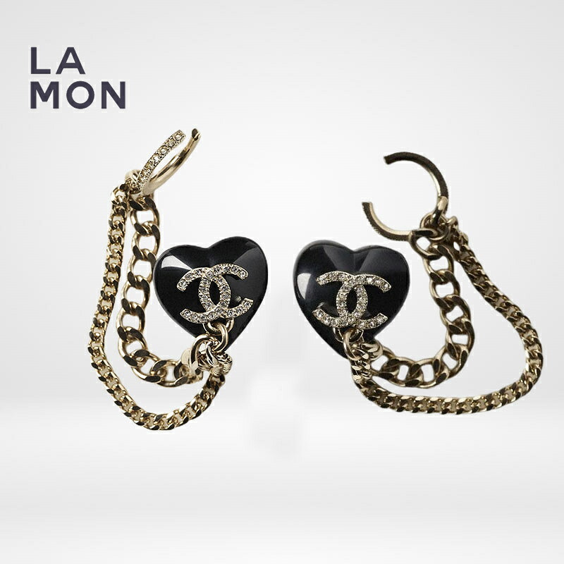 【新品】シャネル ピアス CHANEL EARRINGS AB9367 ココマーク メタル ストラス レジン ハート ピアス GOLD/BLACK ゴールド/ブラック系|LAMONBOUTIQUE店
