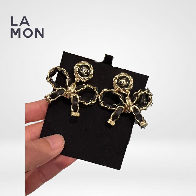 【新品】シャネル ピアス CHANEL EARRINGS AB8731 ココマーク メタル レザー 蝶々結び ピアス GOLD/BLACK ゴールド/ブラック系