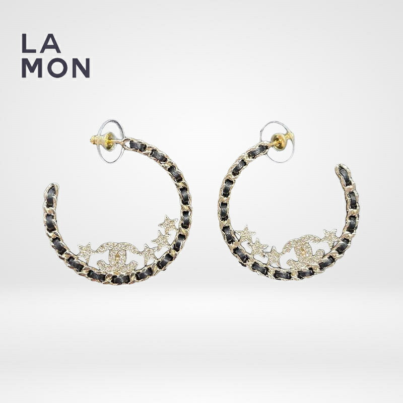 【新品】シャネル ピアス CHANEL EARRINGS AB9824 ココマーク メタル ストラス レザー スター フープ ピアス GOLD/BLACK ゴールド/ブラック系