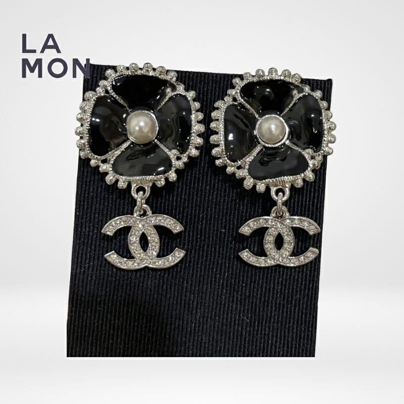 【新品】シャネル ピアス CHANEL EARRINGS ABC212 ココマーク メタル ストラス コスチューム パールピアス SILVER/BLACK シルバー/ブラック系