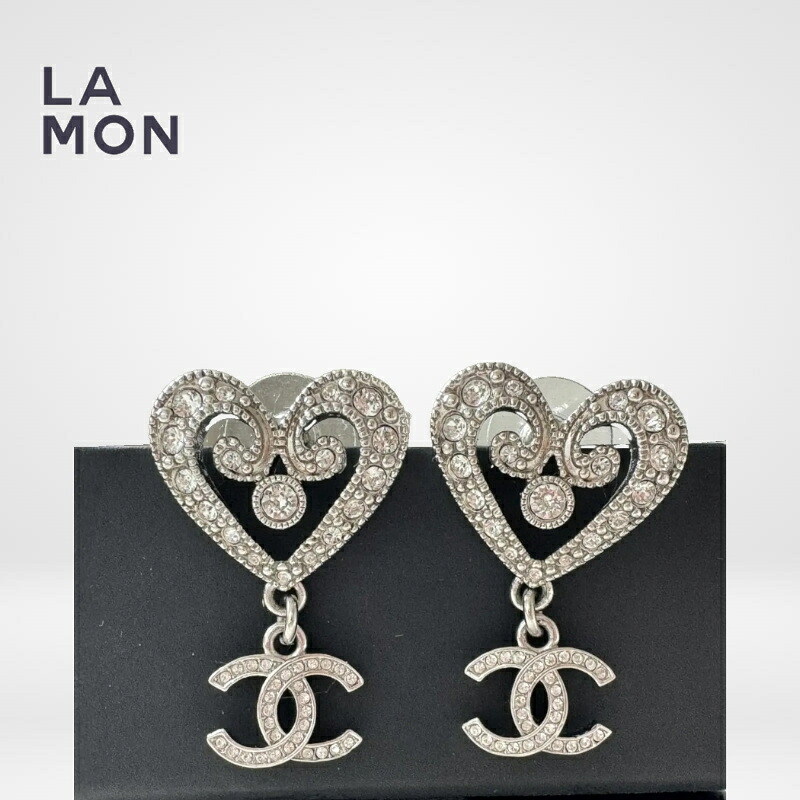 【新品】シャネル ピアス CHANEL EARRINGS ABC161 ココマーク メタル ストラス ハート ピアス SILVER シルバー系