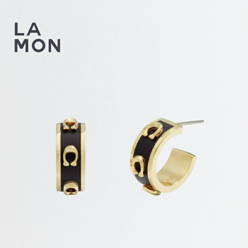 コーチ ピアス COACH CO110 Pegged Signature Huggie Earrings ロゴ ピアス GOLD/BLACK ゴールド/ブラック系