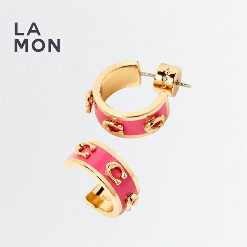 コーチ ピアス COACH CO110 Pegged Signature Huggie Earrings ロゴ ピアス GOLD/PINK ゴールド/ピンク系